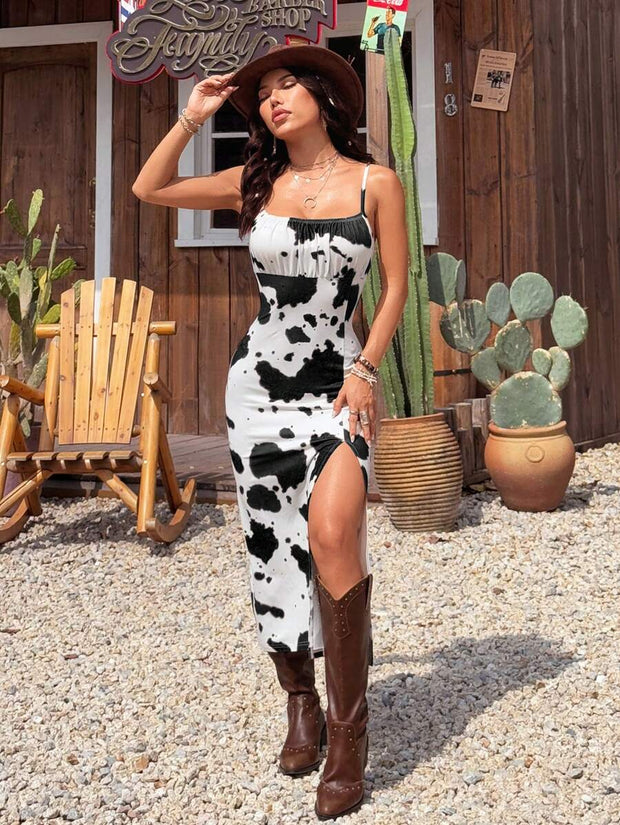 Women's Summer Music Festival New Cow Print Cami Split Front Dress - Luxe Ladies Moda