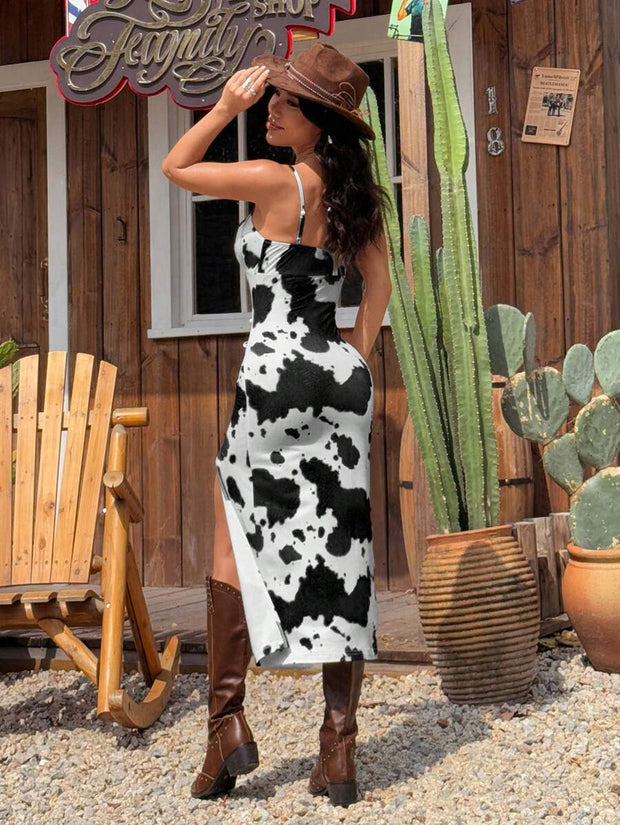 Women's Summer Music Festival New Cow Print Cami Split Front Dress - Luxe Ladies Moda