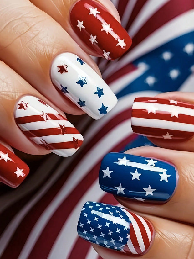 24pcs Stars & Stripes Press-On Nails – French Tip Patriotic False Nails Kit - Luxe Ladies Moda
