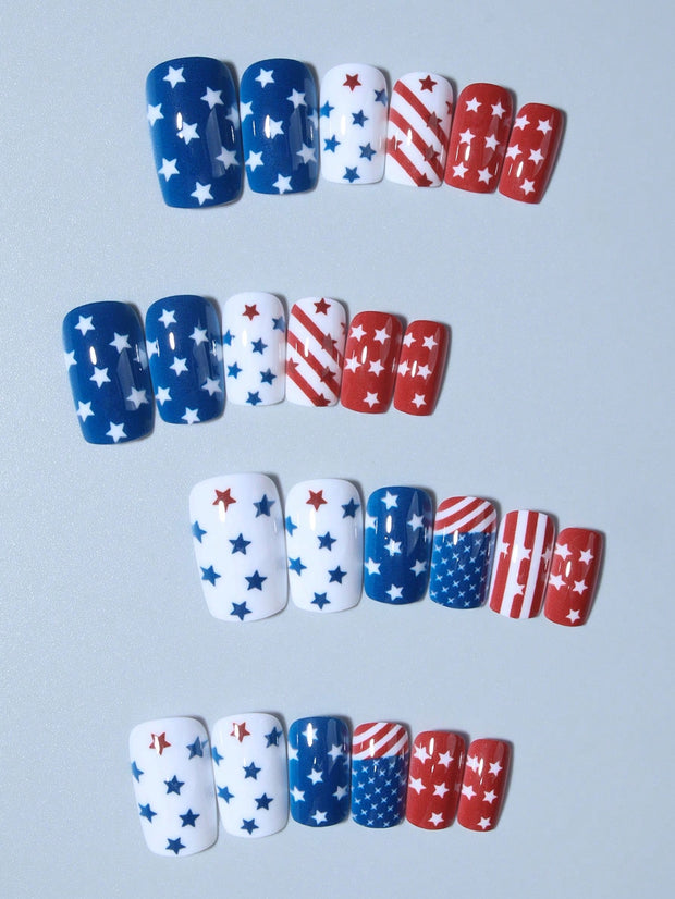 24pcs Stars & Stripes Press-On Nails – French Tip Patriotic False Nails Kit - Luxe Ladies Moda