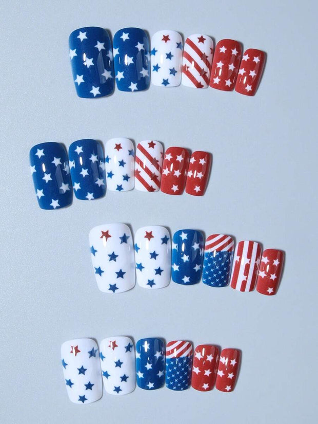 24pcs Stars & Stripes Press-On Nails – French Tip Patriotic False Nails Kit - Luxe Ladies Moda