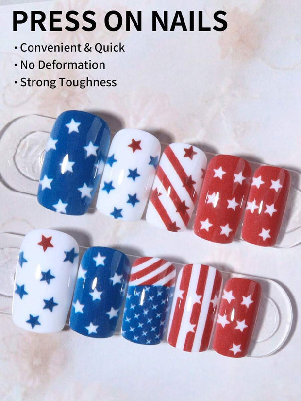 24pcs Stars & Stripes Press-On Nails – French Tip Patriotic False Nails Kit - Luxe Ladies Moda