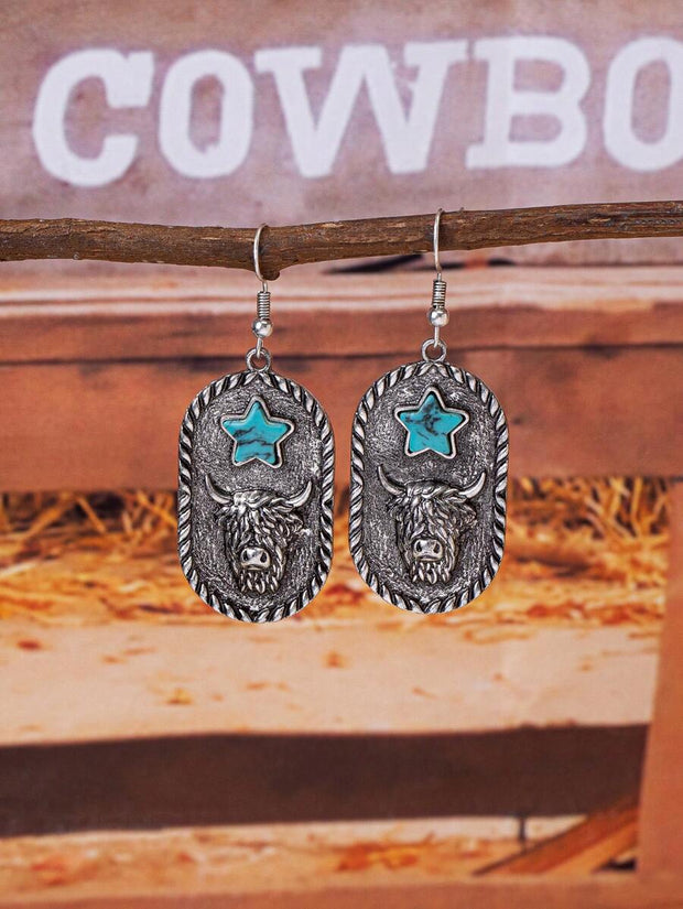 1 Pair Antique Silver Color Western Blue Turquoise Stone Decor Earring, Cowgirl Style Earrings Stud For Women - Luxe Ladies Moda