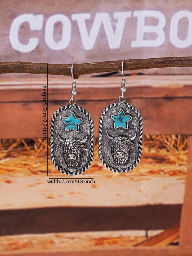 1 Pair Antique Silver Color Western Blue Turquoise Stone Decor Earring, Cowgirl Style Earrings Stud For Women - Luxe Ladies Moda