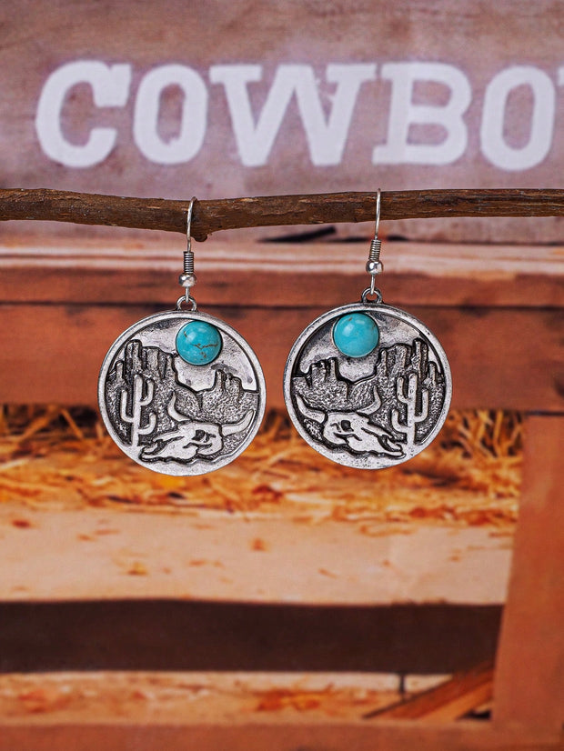 1 Pair Antique Silver Color Western Blue Turquoise Stone Decor Earring, Cowgirl Style Earrings Stud For Women - Luxe Ladies Moda