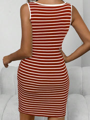 Casual Round Neck Split Neck Button Pocket Striped Fitted Knit Dress Burgundy Color Women Outfit - Luxe Ladies Moda