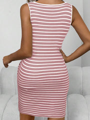 Casual Round Neck Split Neck Button Pocket Striped Fitted Knit Dress Burgundy Color Women Outfit - Luxe Ladies Moda