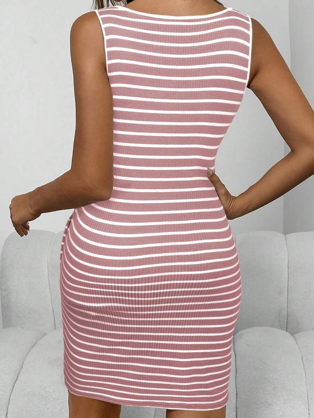 Casual Round Neck Split Neck Button Pocket Striped Fitted Knit Dress Burgundy Color Women Outfit - Luxe Ladies Moda