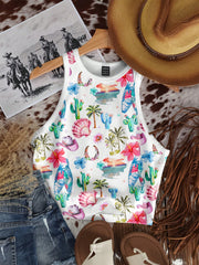 Casual Minimalist Crew Neck Cow Print Western Cowgirl Bohemian Style Bodycon Tank Top - Luxe Ladies Moda