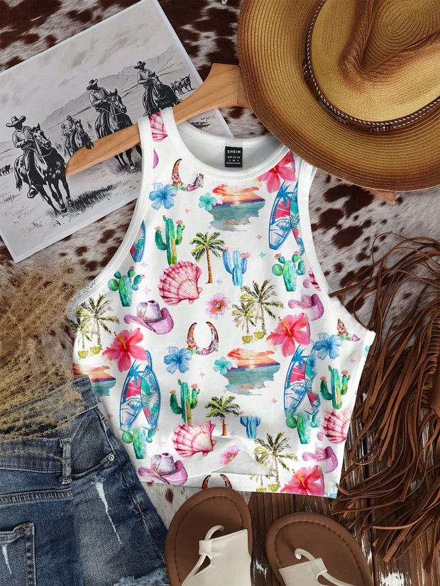 Casual Minimalist Crew Neck Cow Print Western Cowgirl Bohemian Style Bodycon Tank Top - Luxe Ladies Moda