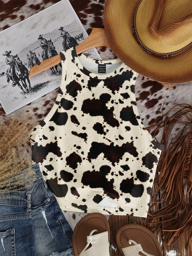 Casual Minimalist Crew Neck Cow Print Western Cowgirl Bohemian Style Bodycon Tank Top - Luxe Ladies Moda