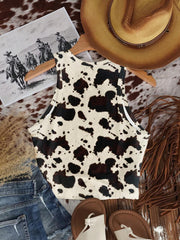 Casual Minimalist Crew Neck Cow Print Western Cowgirl Bohemian Style Bodycon Tank Top - Luxe Ladies Moda