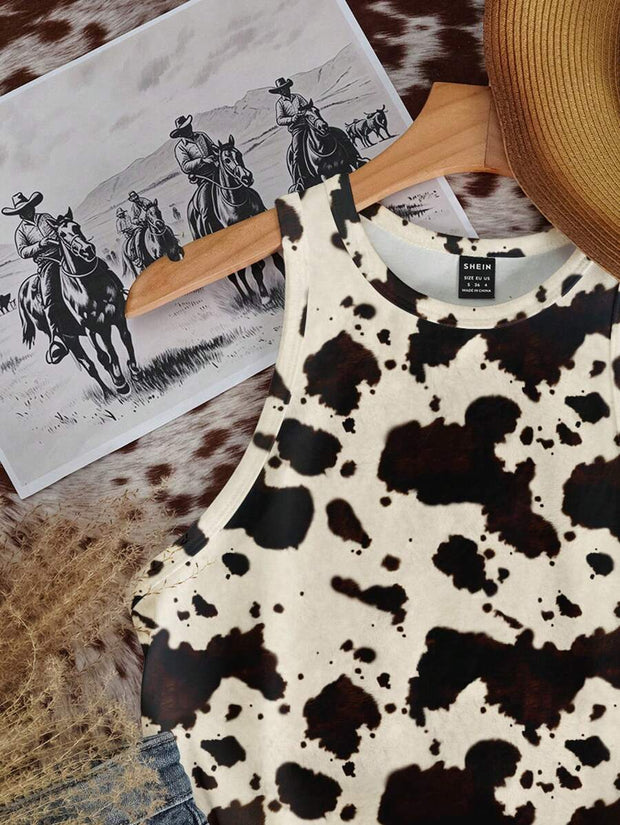 Casual Minimalist Crew Neck Cow Print Western Cowgirl Bohemian Style Bodycon Tank Top - Luxe Ladies Moda