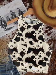 Casual Minimalist Crew Neck Cow Print Western Cowgirl Bohemian Style Bodycon Tank Top - Luxe Ladies Moda