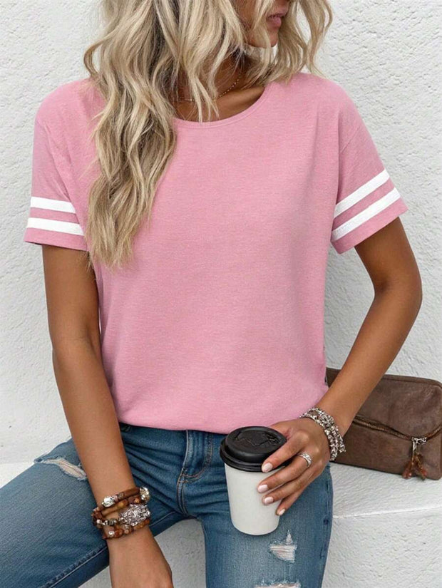 Women's Contrast Color Round Neck Short Sleeve T-Shirt Graphic Tees Women Tops - Luxe Ladies Moda