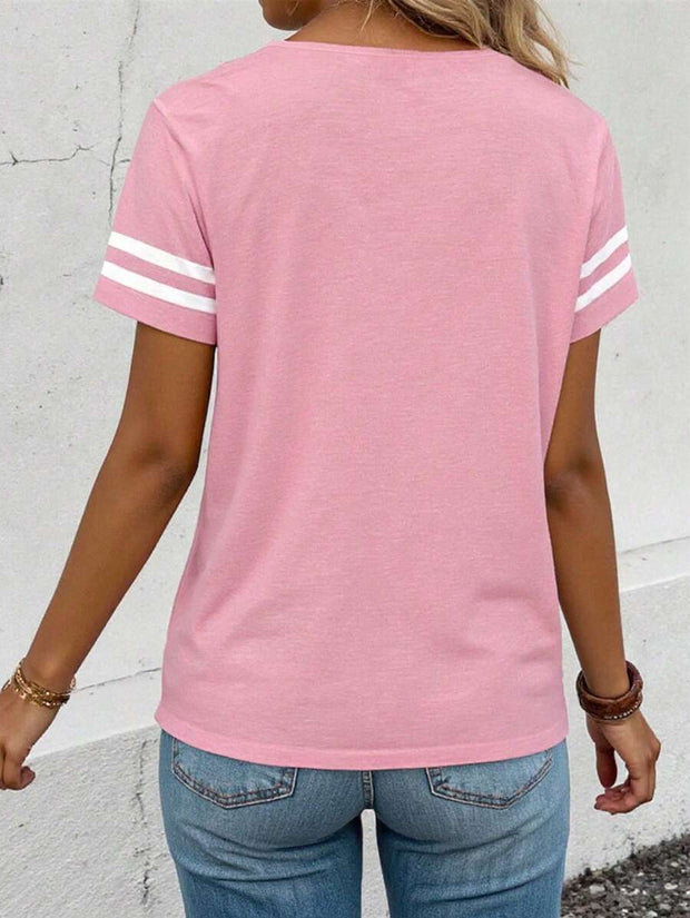 Women's Contrast Color Round Neck Short Sleeve T-Shirt Graphic Tees Women Tops - Luxe Ladies Moda