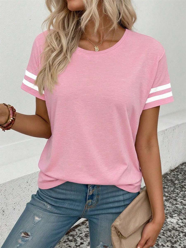 Women's Contrast Color Round Neck Short Sleeve T-Shirt Graphic Tees Women Tops - Luxe Ladies Moda