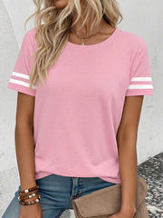 Women's Contrast Color Round Neck Short Sleeve T-Shirt Graphic Tees Women Tops - Luxe Ladies Moda