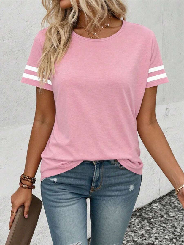 Women's Contrast Color Round Neck Short Sleeve T-Shirt Graphic Tees Women Tops - Luxe Ladies Moda
