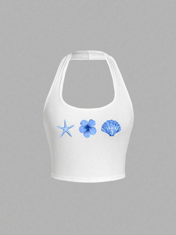 Women's Casual Black Halter Top, Ocean Elements Prints: Hibiscus Flower, Shell, Starfish, Suitable For Summer - Luxe Ladies Moda