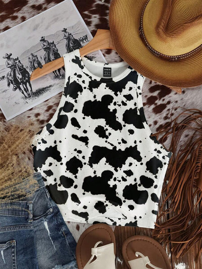 Casual Minimalist Crew Neck Cow Print Western Cowgirl Bohemian Style Bodycon Tank Top - Luxe Ladies Moda