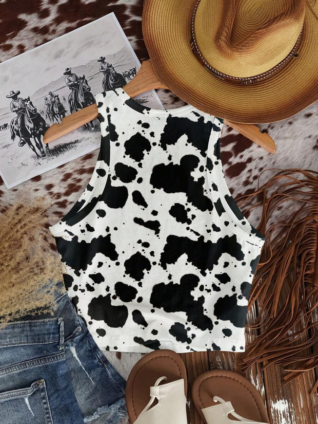 Casual Minimalist Crew Neck Cow Print Western Cowgirl Bohemian Style Bodycon Tank Top - Luxe Ladies Moda