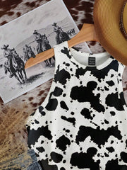 Casual Minimalist Crew Neck Cow Print Western Cowgirl Bohemian Style Bodycon Tank Top - Luxe Ladies Moda