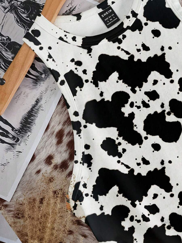 Casual Minimalist Crew Neck Cow Print Western Cowgirl Bohemian Style Bodycon Tank Top - Luxe Ladies Moda