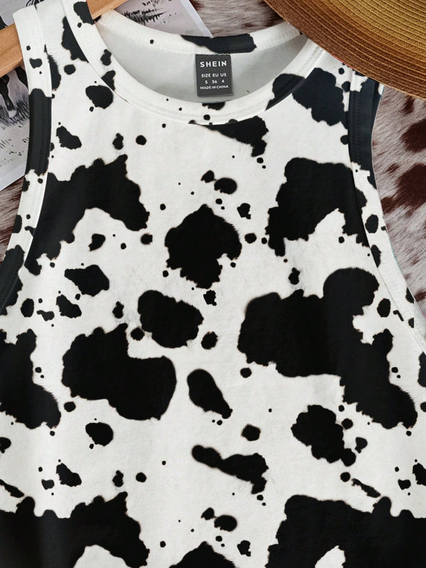 Casual Minimalist Crew Neck Cow Print Western Cowgirl Bohemian Style Bodycon Tank Top - Luxe Ladies Moda