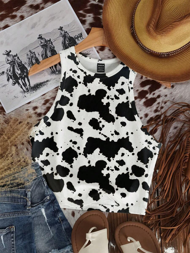 Casual Minimalist Crew Neck Cow Print Western Cowgirl Bohemian Style Bodycon Tank Top - Luxe Ladies Moda