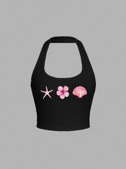 Women's Casual Black Halter Top, Ocean Elements Prints: Hibiscus Flower, Shell, Starfish, Suitable For Summer - Luxe Ladies Moda