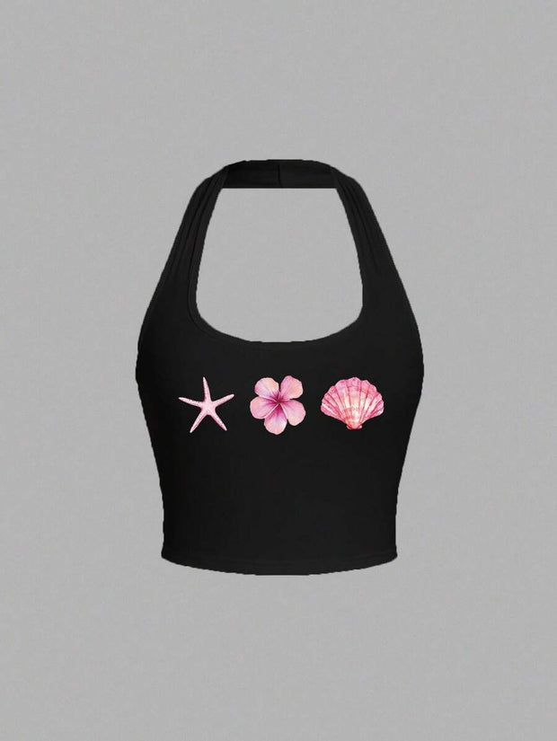 Women's Casual Black Halter Top, Ocean Elements Prints: Hibiscus Flower, Shell, Starfish, Suitable For Summer - Luxe Ladies Moda