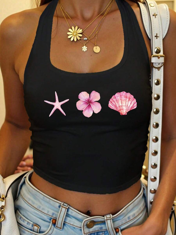 Women's Casual Black Halter Top, Ocean Elements Prints: Hibiscus Flower, Shell, Starfish, Suitable For Summer - Luxe Ladies Moda