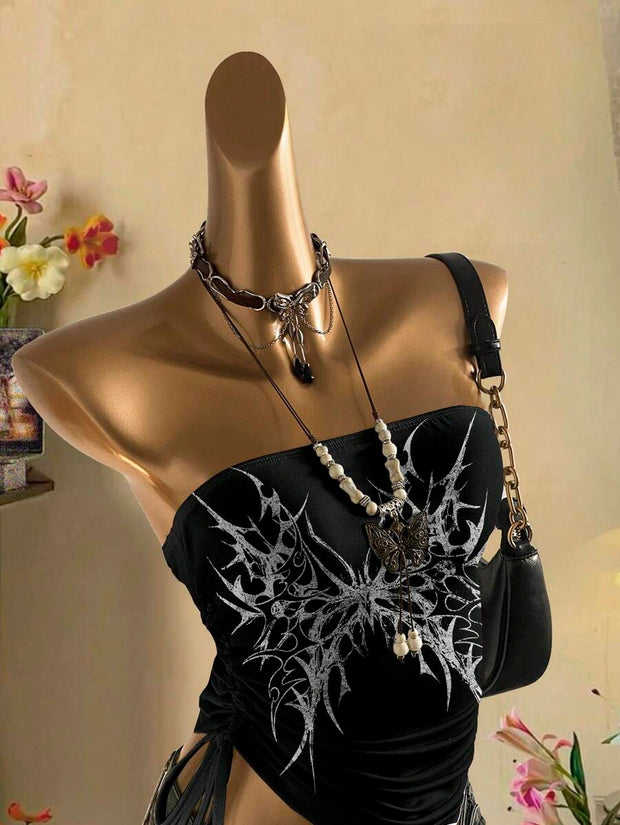 Butterfly Wing Retro Punk Pattern, Music Festival, Y2K Style, Women's Casual Boho Vacation Halter Top With Ruched Tie Goth Top Butterfly Top Black Concert Top Gothic Summer Clothes Black Rhinestone Top Back To School - Luxe Ladies Moda