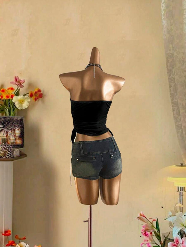 Butterfly Wing Retro Punk Pattern, Music Festival, Y2K Style, Women's Casual Boho Vacation Halter Top With Ruched Tie Goth Top Butterfly Top Black Concert Top Gothic Summer Clothes Black Rhinestone Top Back To School - Luxe Ladies Moda