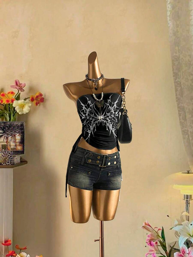 Butterfly Wing Retro Punk Pattern, Music Festival, Y2K Style, Women's Casual Boho Vacation Halter Top With Ruched Tie Goth Top Butterfly Top Black Concert Top Gothic Summer Clothes Black Rhinestone Top Back To School - Luxe Ladies Moda