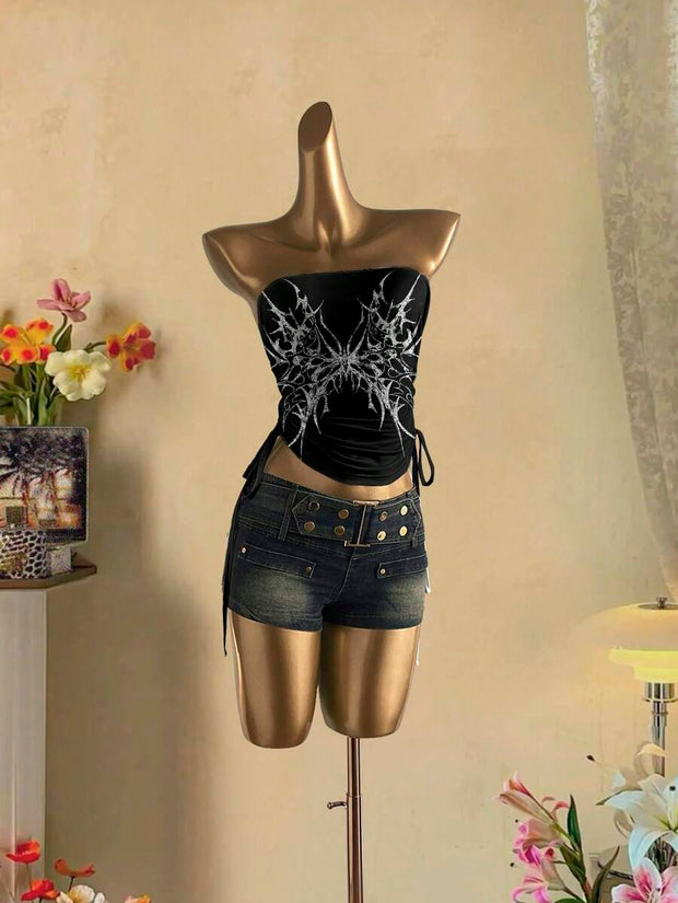 Butterfly Wing Retro Punk Pattern, Music Festival, Y2K Style, Women's Casual Boho Vacation Halter Top With Ruched Tie Goth Top Butterfly Top Black Concert Top Gothic Summer Clothes Black Rhinestone Top Back To School - Luxe Ladies Moda