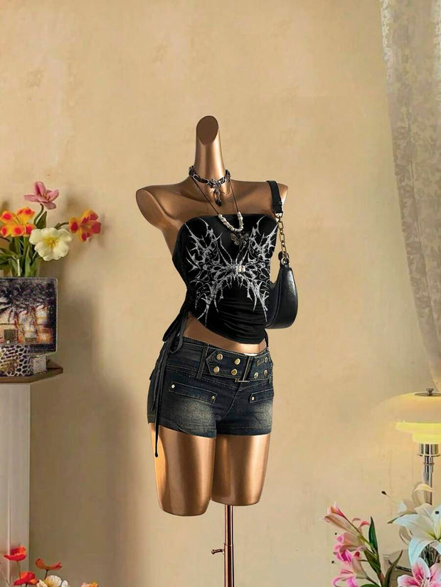 Butterfly Wing Retro Punk Pattern, Music Festival, Y2K Style, Women's Casual Boho Vacation Halter Top With Ruched Tie Goth Top Butterfly Top Black Concert Top Gothic Summer Clothes Black Rhinestone Top Back To School - Luxe Ladies Moda