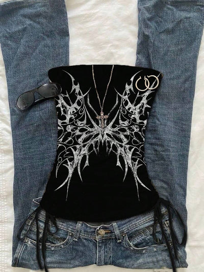 Butterfly Wing Retro Punk Pattern, Music Festival, Y2K Style, Women's Casual Boho Vacation Halter Top With Ruched Tie Goth Top Butterfly Top Black Concert Top Gothic Summer Clothes Black Rhinestone Top Back To School - Luxe Ladies Moda