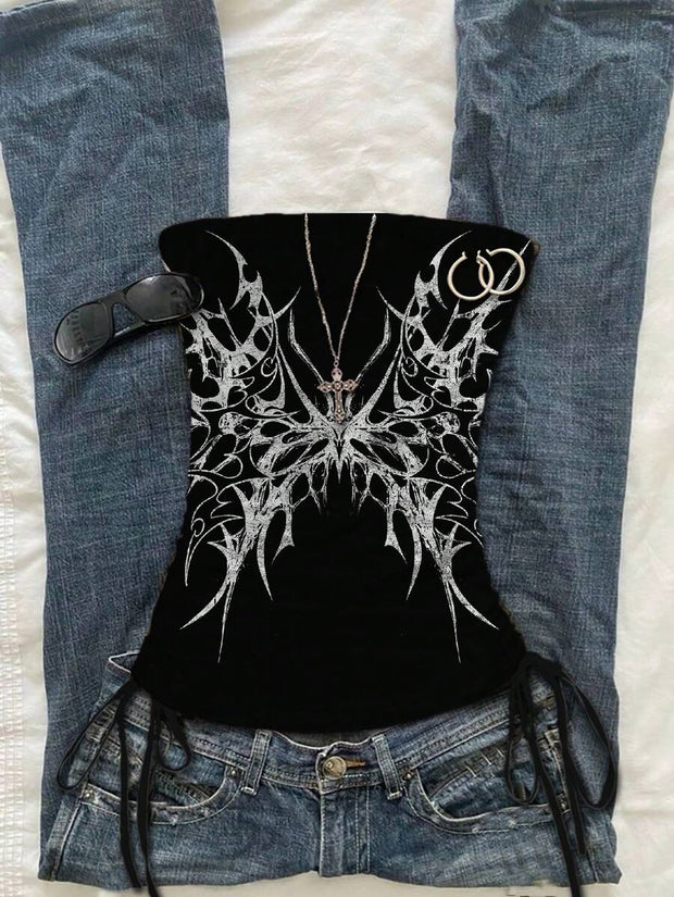 Butterfly Wing Retro Punk Pattern, Music Festival, Y2K Style, Women's Casual Boho Vacation Halter Top With Ruched Tie Goth Top Butterfly Top Black Concert Top Gothic Summer Clothes Black Rhinestone Top Back To School - Luxe Ladies Moda