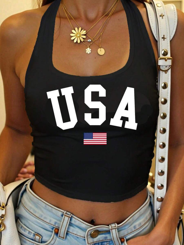Women's Casual Black Halter Top, Ocean Elements Prints: Hibiscus Flower, Shell, Starfish, Suitable For Summer - Luxe Ladies Moda
