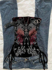 Butterfly Wing Retro Punk Pattern, Music Festival, Y2K Style, Women's Casual Boho Vacation Halter Top With Ruched Tie Goth Top Butterfly Top Black Concert Top Gothic Summer Clothes Black Rhinestone Top Back To School - Luxe Ladies Moda