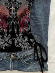 Butterfly Wing Retro Punk Pattern, Music Festival, Y2K Style, Women's Casual Boho Vacation Halter Top With Ruched Tie Goth Top Butterfly Top Black Concert Top Gothic Summer Clothes Black Rhinestone Top Back To School - Luxe Ladies Moda