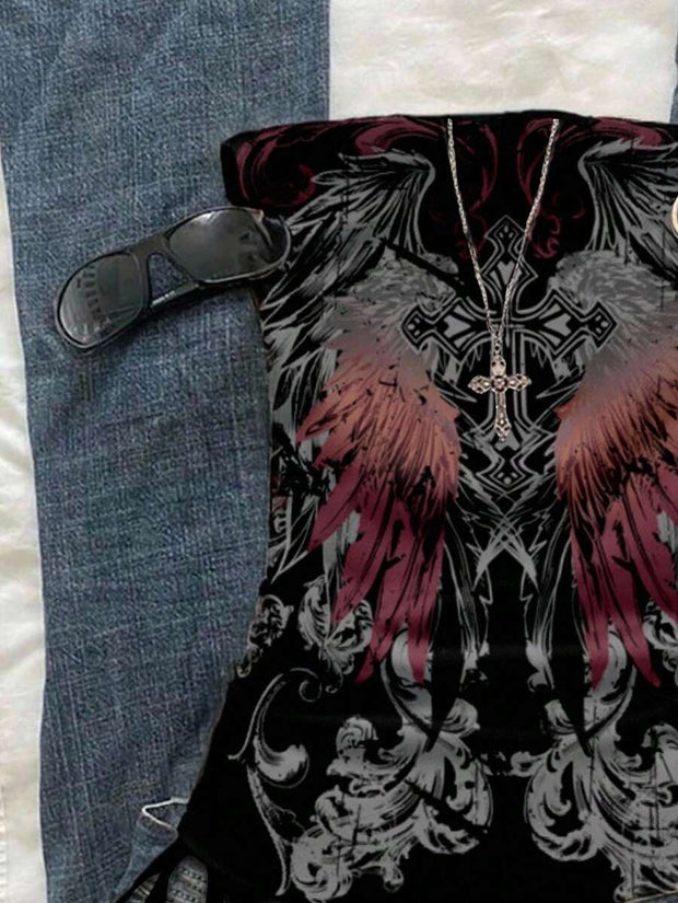 Butterfly Wing Retro Punk Pattern, Music Festival, Y2K Style, Women's Casual Boho Vacation Halter Top With Ruched Tie Goth Top Butterfly Top Black Concert Top Gothic Summer Clothes Black Rhinestone Top Back To School - Luxe Ladies Moda