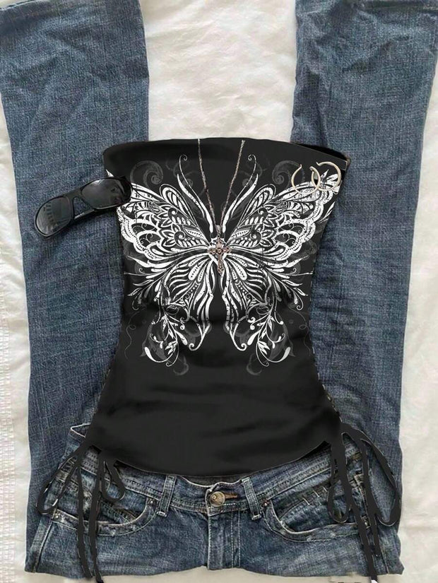 Butterfly Wing Retro Punk Pattern, Music Festival, Y2K Style, Women's Casual Boho Vacation Halter Top With Ruched Tie Goth Top Butterfly Top Black Concert Top Gothic Summer Clothes Black Rhinestone Top Back To School - Luxe Ladies Moda