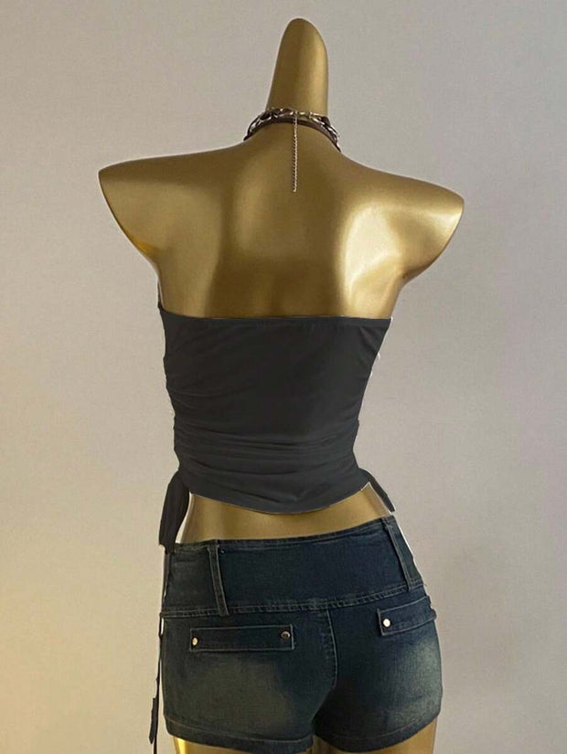 Butterfly Wing Retro Punk Pattern, Music Festival, Y2K Style, Women's Casual Boho Vacation Halter Top With Ruched Tie Goth Top Butterfly Top Black Concert Top Gothic Summer Clothes Black Rhinestone Top Back To School - Luxe Ladies Moda