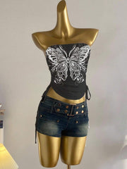 Butterfly Wing Retro Punk Pattern, Music Festival, Y2K Style, Women's Casual Boho Vacation Halter Top With Ruched Tie Goth Top Butterfly Top Black Concert Top Gothic Summer Clothes Black Rhinestone Top Back To School - Luxe Ladies Moda
