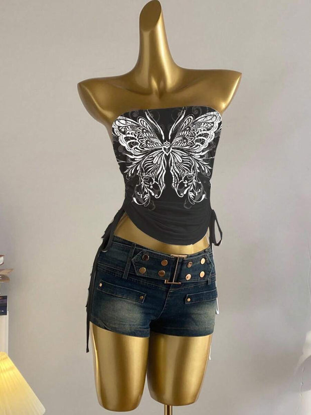 Butterfly Wing Retro Punk Pattern, Music Festival, Y2K Style, Women's Casual Boho Vacation Halter Top With Ruched Tie Goth Top Butterfly Top Black Concert Top Gothic Summer Clothes Black Rhinestone Top Back To School - Luxe Ladies Moda