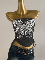 Butterfly Wing Retro Punk Pattern, Music Festival, Y2K Style, Women's Casual Boho Vacation Halter Top With Ruched Tie Goth Top Butterfly Top Black Concert Top Gothic Summer Clothes Black Rhinestone Top Back To School - Luxe Ladies Moda