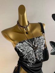 Butterfly Wing Retro Punk Pattern, Music Festival, Y2K Style, Women's Casual Boho Vacation Halter Top With Ruched Tie Goth Top Butterfly Top Black Concert Top Gothic Summer Clothes Black Rhinestone Top Back To School - Luxe Ladies Moda